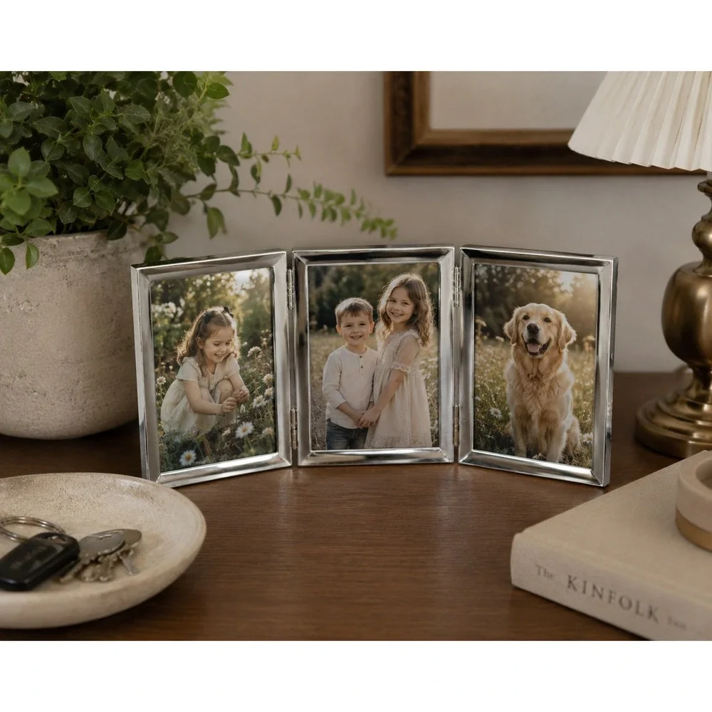 Lane Furniture Triple Folding Picture Frame Silver 4x6 Triptych Metal
